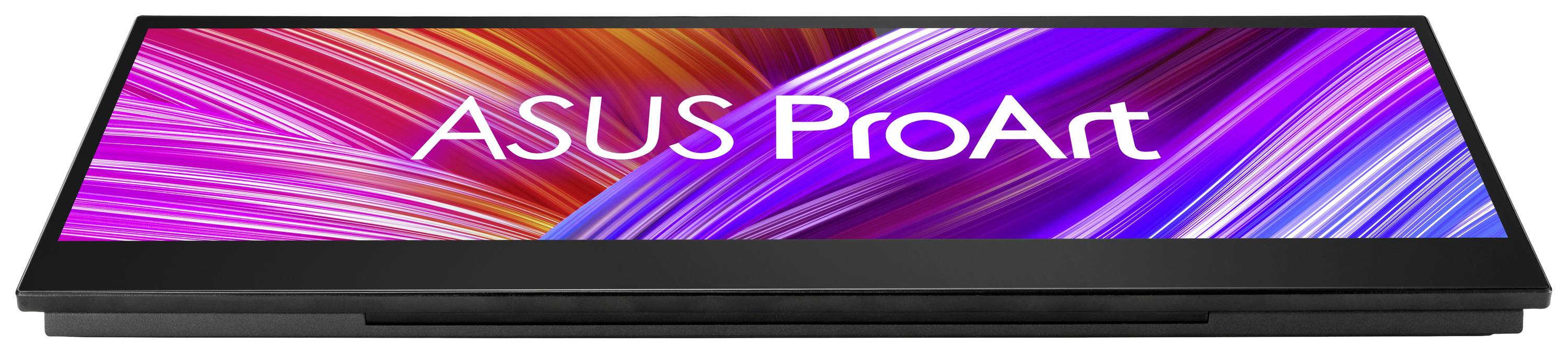 Monitor ASUS ProArt zobrazuje živoucí, barevný pozadí s šikmými liniemi znázorňujícími různé barevné přechody.