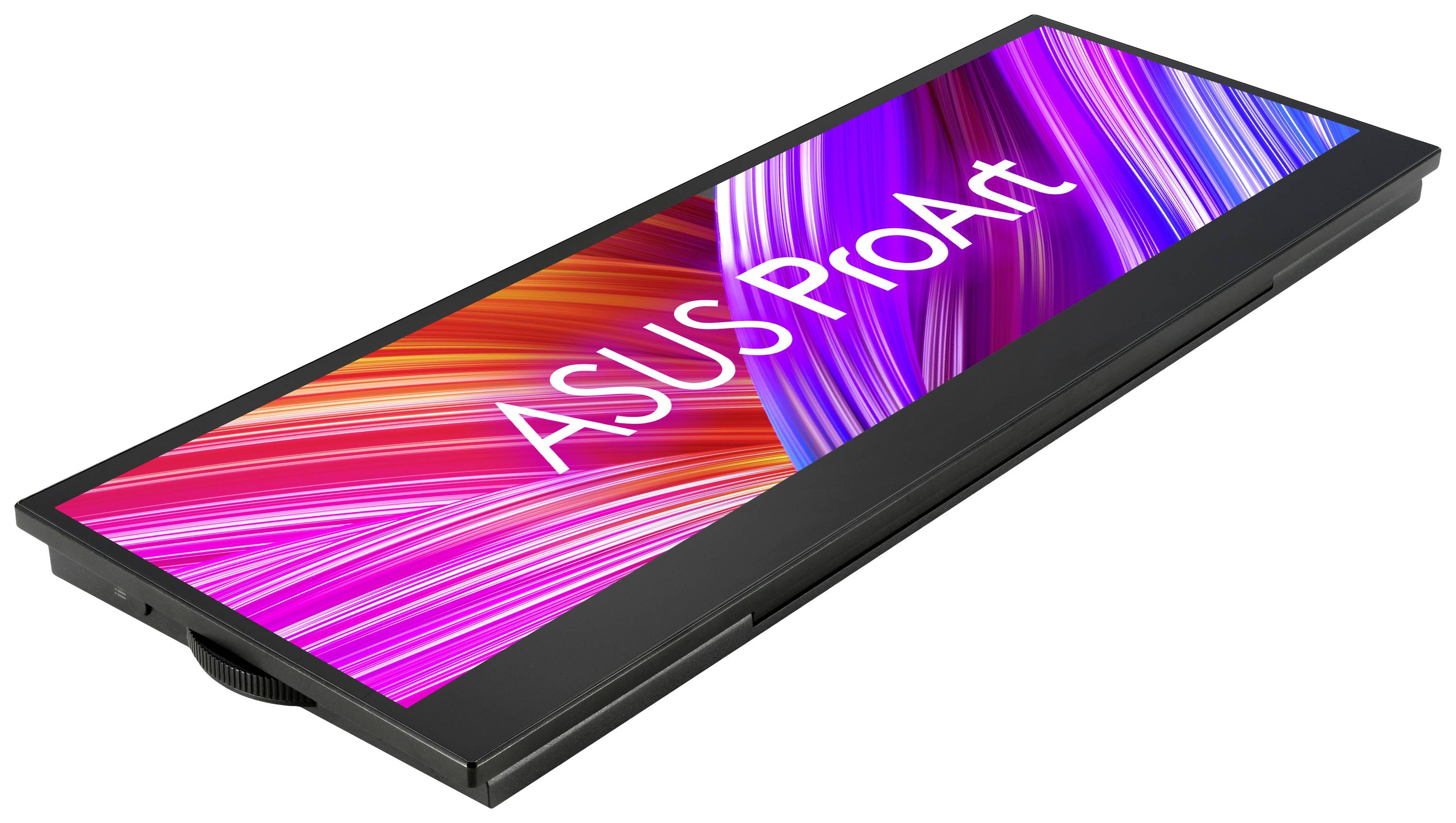 Obrázek zobrazuje monitor ASUS ProArt s jasně růžovo-modrým displejem.