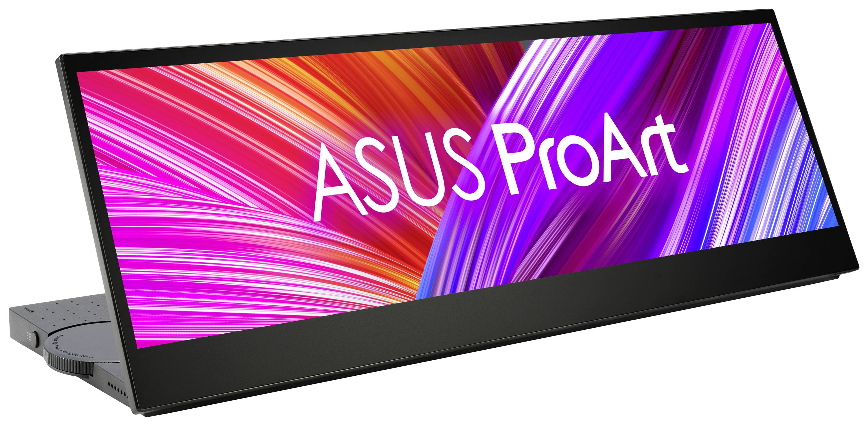 Přenosný monitor s osvětleným logem ASUS a barevným pozadím, vhodný pro kreativní profesionály.