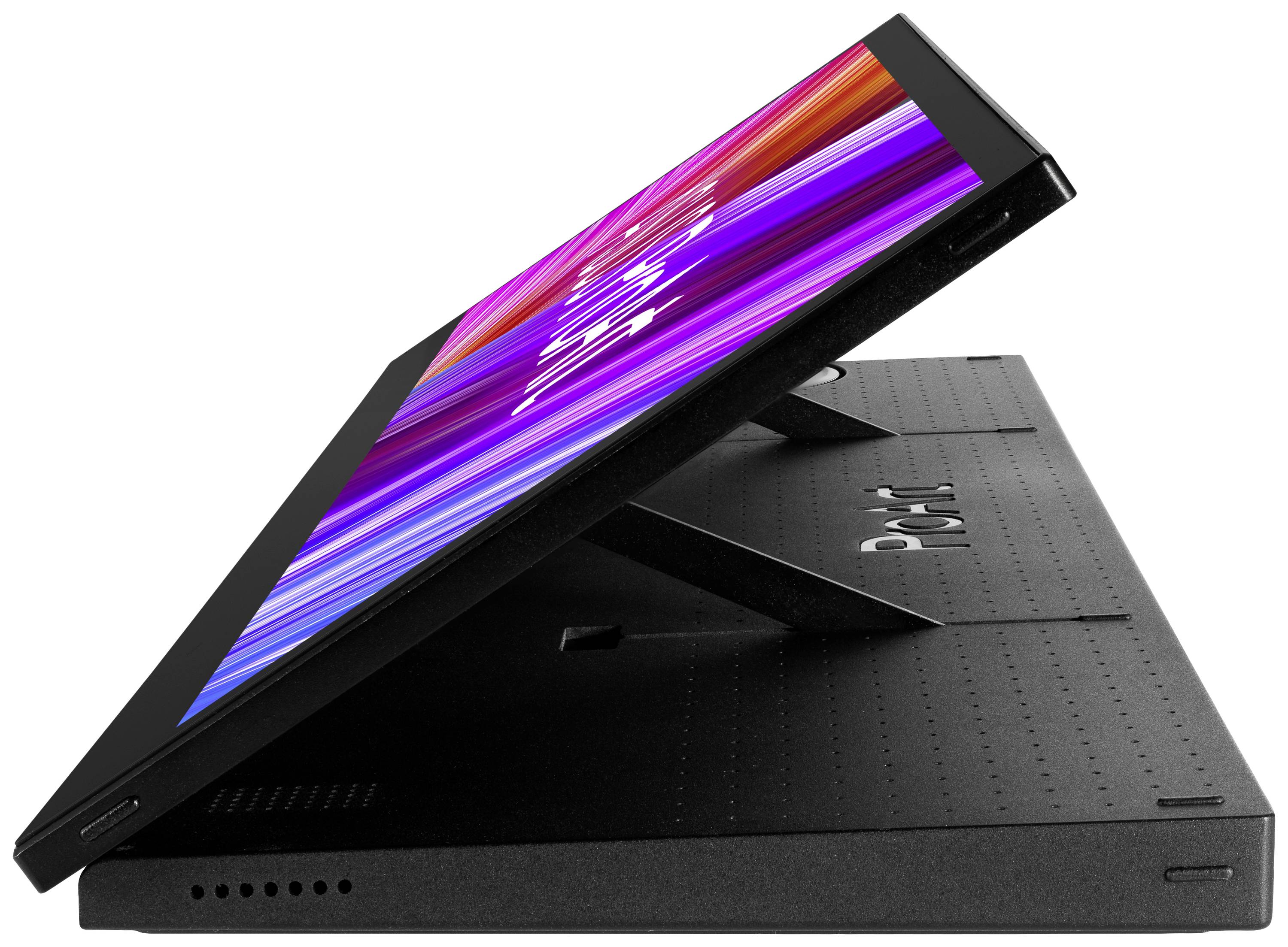 Tablet s odnímatelnou klávesnicí v bočním pohledu, postavený na stojánku. Na obrazovce jsou barevné pruhy.