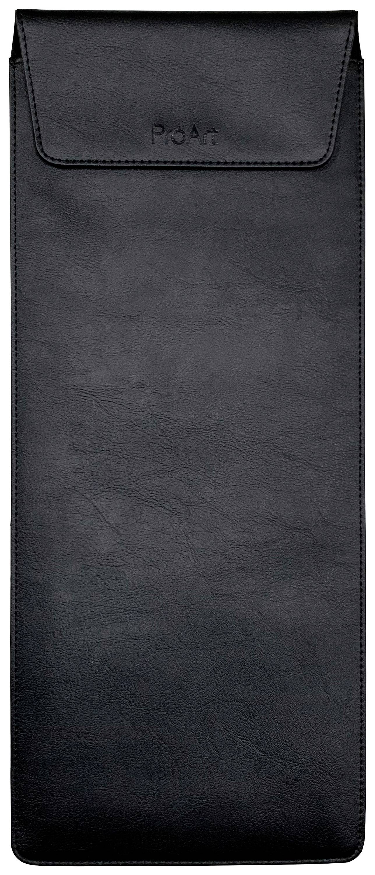 Černý kožený obal s klopnou. Minimalistický design, vhodný pro uchovávání plochých předmětů, jako jsou dokumenty nebo tablety.