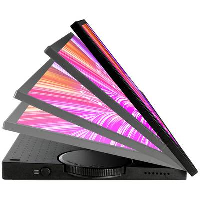 Tablet s nastavitelným dotykovým displejem je zobrazeno v různých úhlech, aby předvedlo flexibilitu displeje.