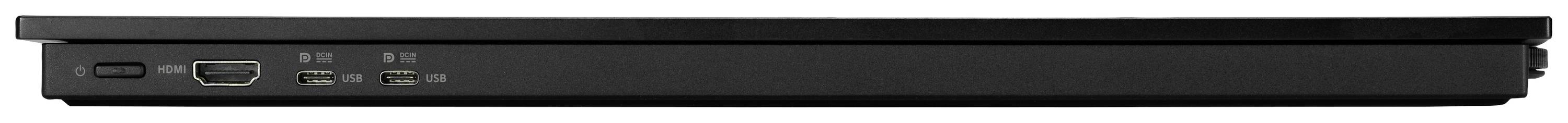 Černý laptop z boku, s přípojkami pro napájení, USB a síťový kabel, zavřený.