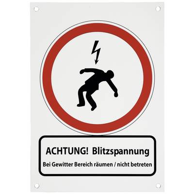 Výstražná cedule: 'POZOR! Nebezpečné elektrické napětí. Při bouřce prostor vykliďte / nevstupujte'. Silueta osoby zasažené bleskem.