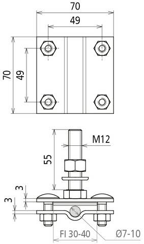 Technický výkres upínací svorky s rozměry: 70x70 mm, šroubové otvory, závit M12, vhodné pro Ø7-10 a přírubu 30-40.