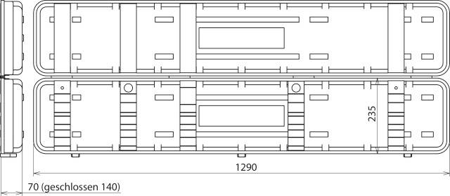 Technický výkres obdélníkové nádoby s rozměry 1290 x 235 x 70 mm, uzavřené výšky 140 mm.