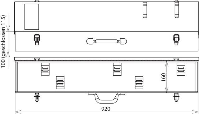 Technický výkres obdélníkového kufru s rozměry: šířka 920 mm, výška 160 mm, hloubka 100 mm. Kufr je vybaven madly a zámky.