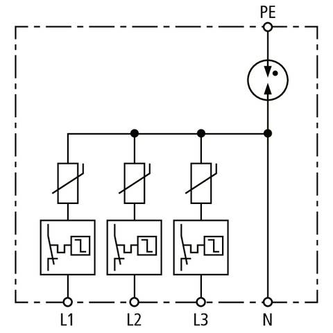 Schéma zapojení: Propojení tří fází (L1, L2, L3) přes spínač k nulovému vodiči (N) a ochrannému vodiči (PE). Symboly znázorňují průtok elektrického proudu.