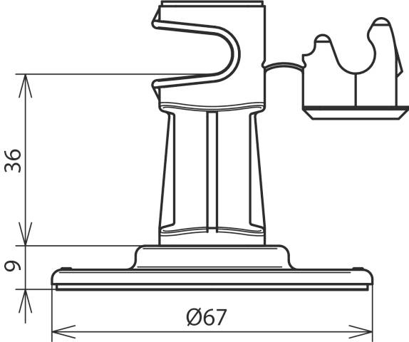 Technický výkres držáku s rozměry: výška 36 mm, průměr 67 mm. Obsahuje detaily tvaru a dimenzí držáku.