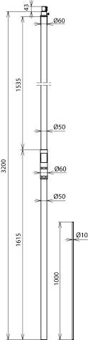 Technický výkres tyče: délka 3200 mm, průměr proměnlivý mezi 50 mm a 60 mm, s vyznačením pozic v 1535 mm, 1615 mm a 1000 mm.