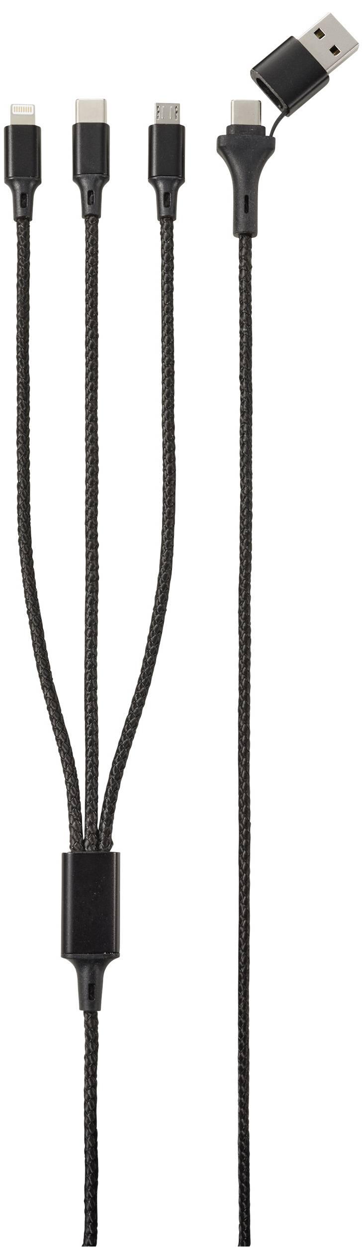 Víceúčelový nabíjecí kabel s USB portem a třemi různými typy konektorů: Lightning, Micro-USB a USB-C.