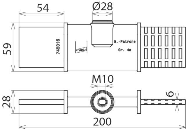 Technický výkres strojní součásti s rozměry: nahoře 54x59 mm, průměr 28 mm, dole 200 mm dlouhá, závit M10.