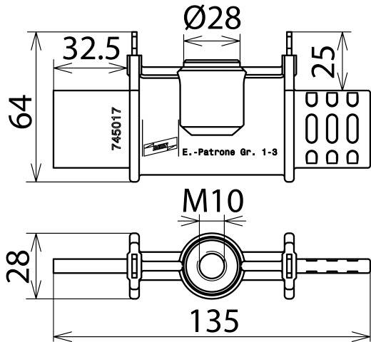 Technický výkres elektronické patrony, zobrazující rozměry: celková výška 64 mm, šířka 135 mm, průměr 28 mm, šroub M10.
