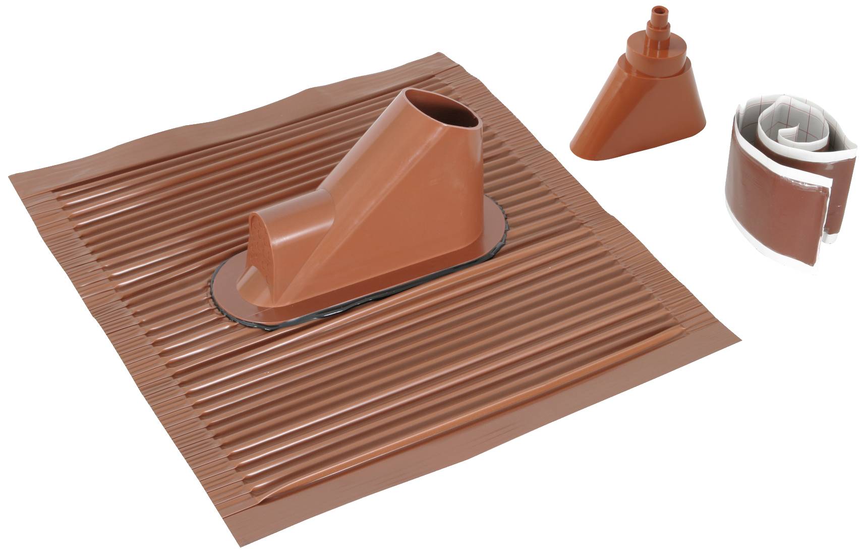 Červená sada pro prostup střechou sestávající z žebrované základní desky s trubkou, kuželovým adaptérem a těsnicí páskou.