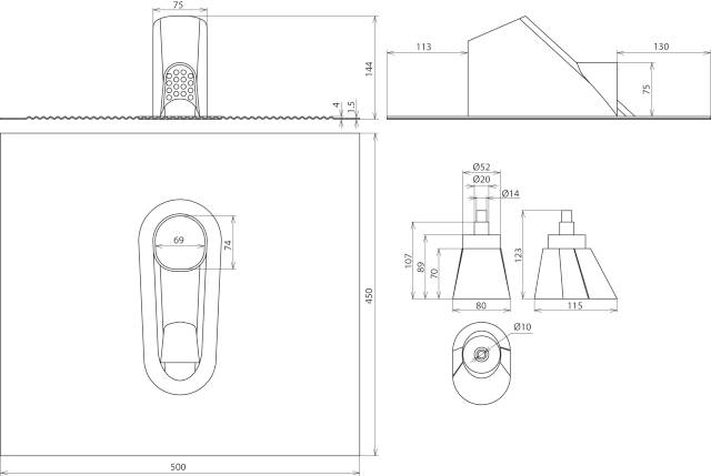 Technický výkres vodovodní baterie s rozměry výšky, šířky a hloubky. Zobrazuje boční pohled, přední pohled a pohled shora designu.