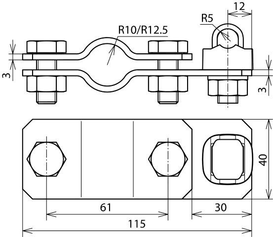 Technický diagram zobrazuje přední a boční pohled na schematizovanou kovovou svorku s rozměry a poloměry.