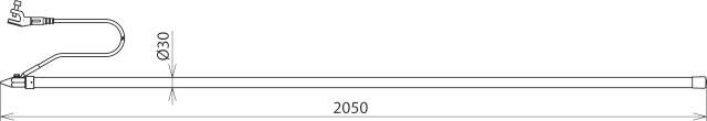 Technický výkres čárového laseru s průměrem trubky 30 mm a délkou 2050 mm.