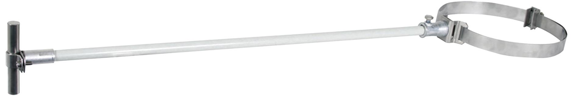 Bílá, dlouhá kovová páka s T-rukojetí a nastavitelným kroužkem na opačném konci, pravděpodobně nástroj pro instalaci potrubí.