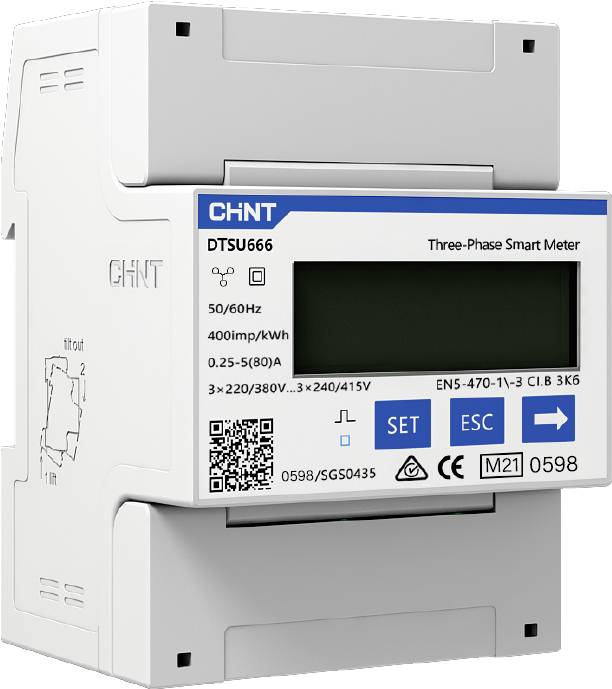 Třífázový chytrý elektroměr DTSU666 od Chintu zobrazuje údaje o spotřebě elektrické energie. Je vybaven tlačítky pro nastavení a zobrazení.