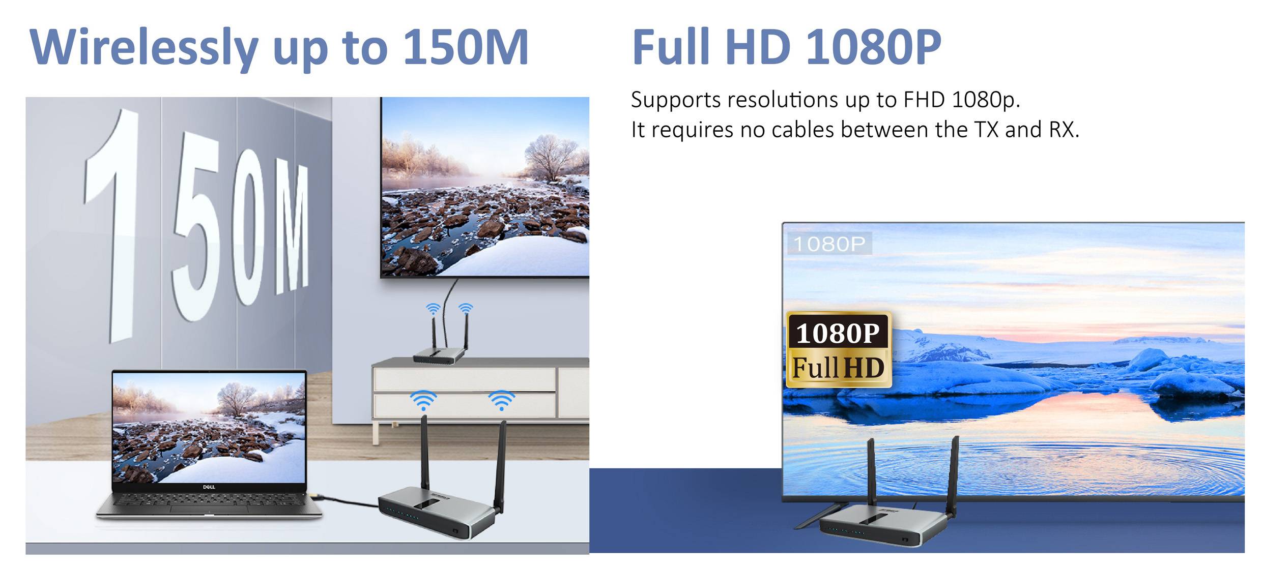 Bezdrátový přenos až do 150 m. Podporuje rozlišení až Full HD 1080P. Nevyžaduje žádné kabely mezi vysílačem (TX) a přijímačem (RX).