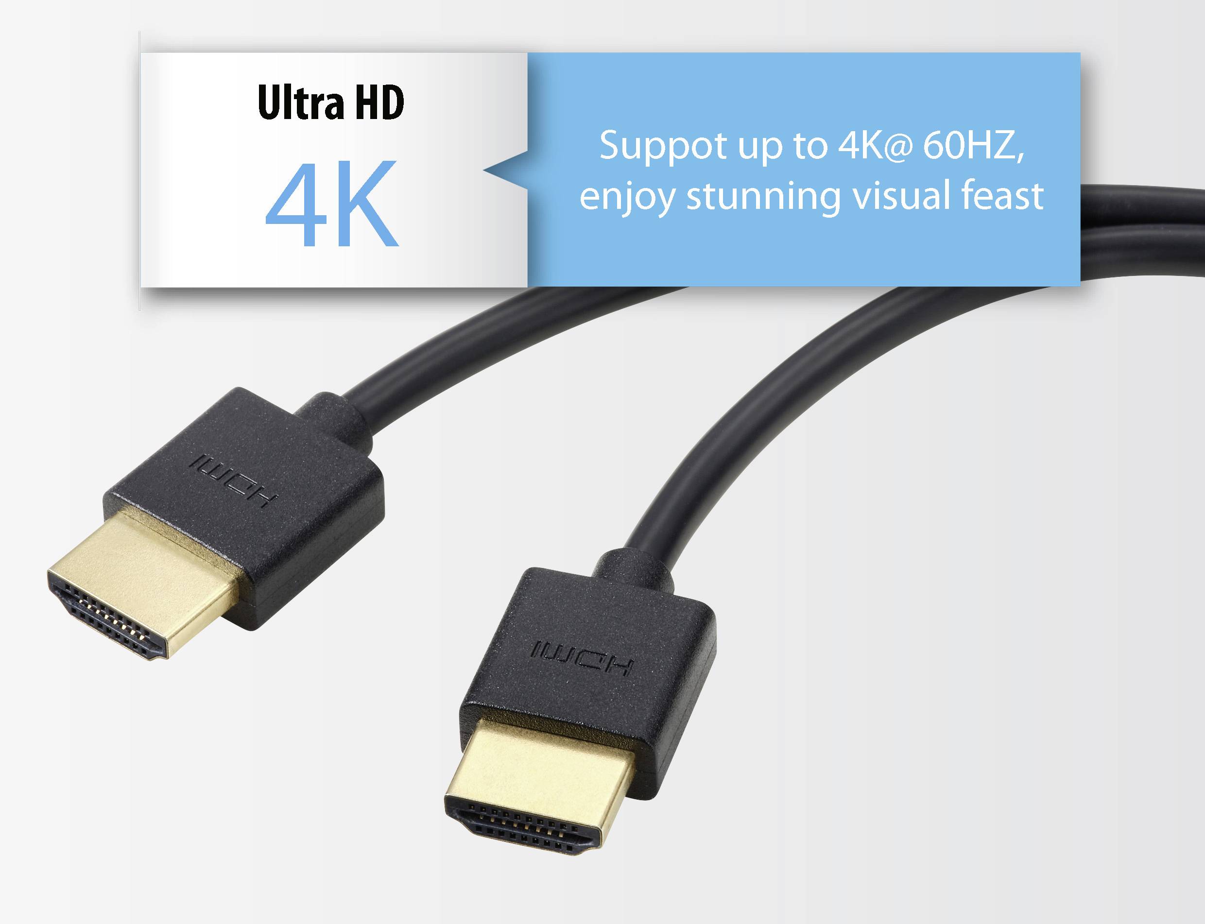 Dva HDMI kabely s nápisem 'Ultra HD 4K'. Upozornění: 'Podpora až 4K@60Hz, užijte si úchvatnou vizuální hostinu'.