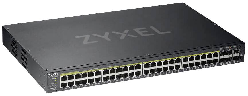Síťový switch od Zyxelu s řadou ethernetových portů, vhodný pro správu a distribuci síťového provozu.