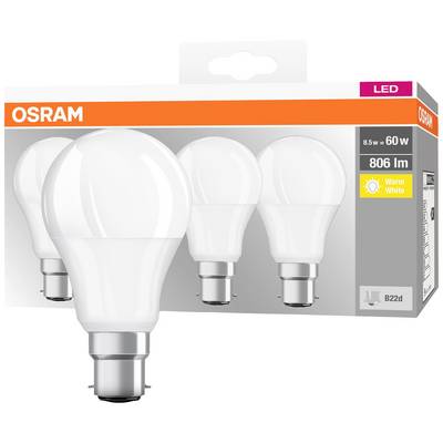 Balení OSRAM LED žárovky, 8,5W odpovídá 60W, 806 lumenů, teplá bílá, se socketem B22d. Obsahuje čtyři žárovky.