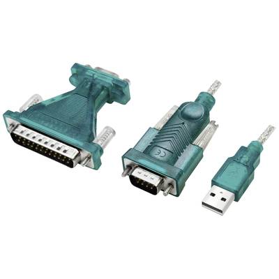 Tři USB kabelové adaptéry: vlevo konektor DB25, uprostřed konektor DB9, vpravo USB konektor. Každý adaptér je v tyrkysové barvě.