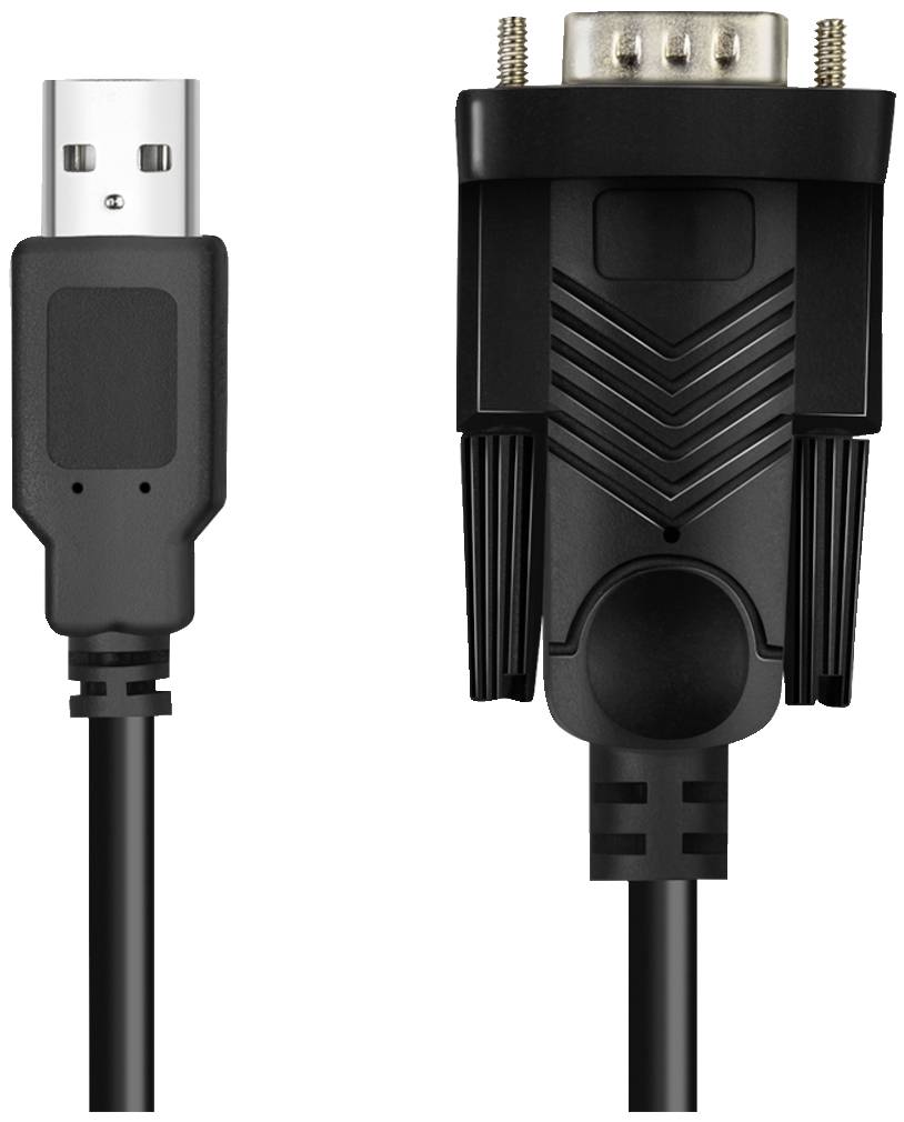 Černý kabel s USB konektorem vlevo a sériovým 9-pin konektorem vpravo. Slouží k propojení zařízení s různými rozhraními.
