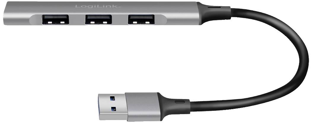 USB hub se třemi USB porty a krátkým kabelem, který má na jedné straně USB zástrčku a na druhé straně tři USB zásuvky.