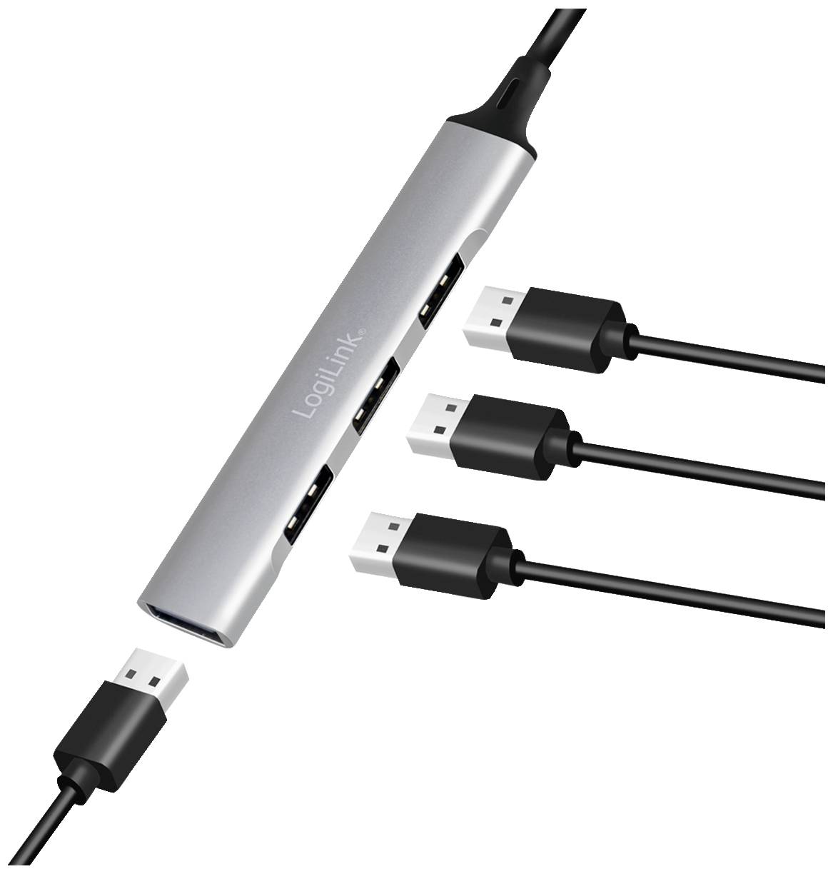 Stříbrný USB hub se čtyřmi USB porty a připojeným kabelem.