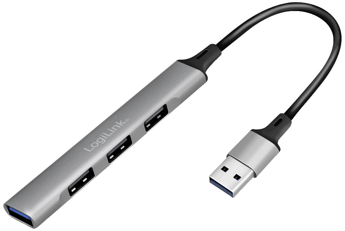 USB rozbočovač se třemi porty, stříbrný design, štíhlý a obdélníkový, s pevně integrovaným kabelem.