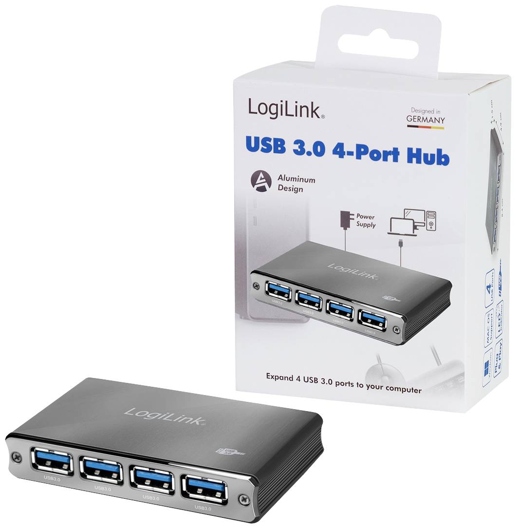 USB 3.0 hub se 4 porty od společnosti LogiLink v hliníkovém designu. Balení zobrazuje obrázek produktu, zmiňuje napájecí zdroj a je vyvinut v Německu.