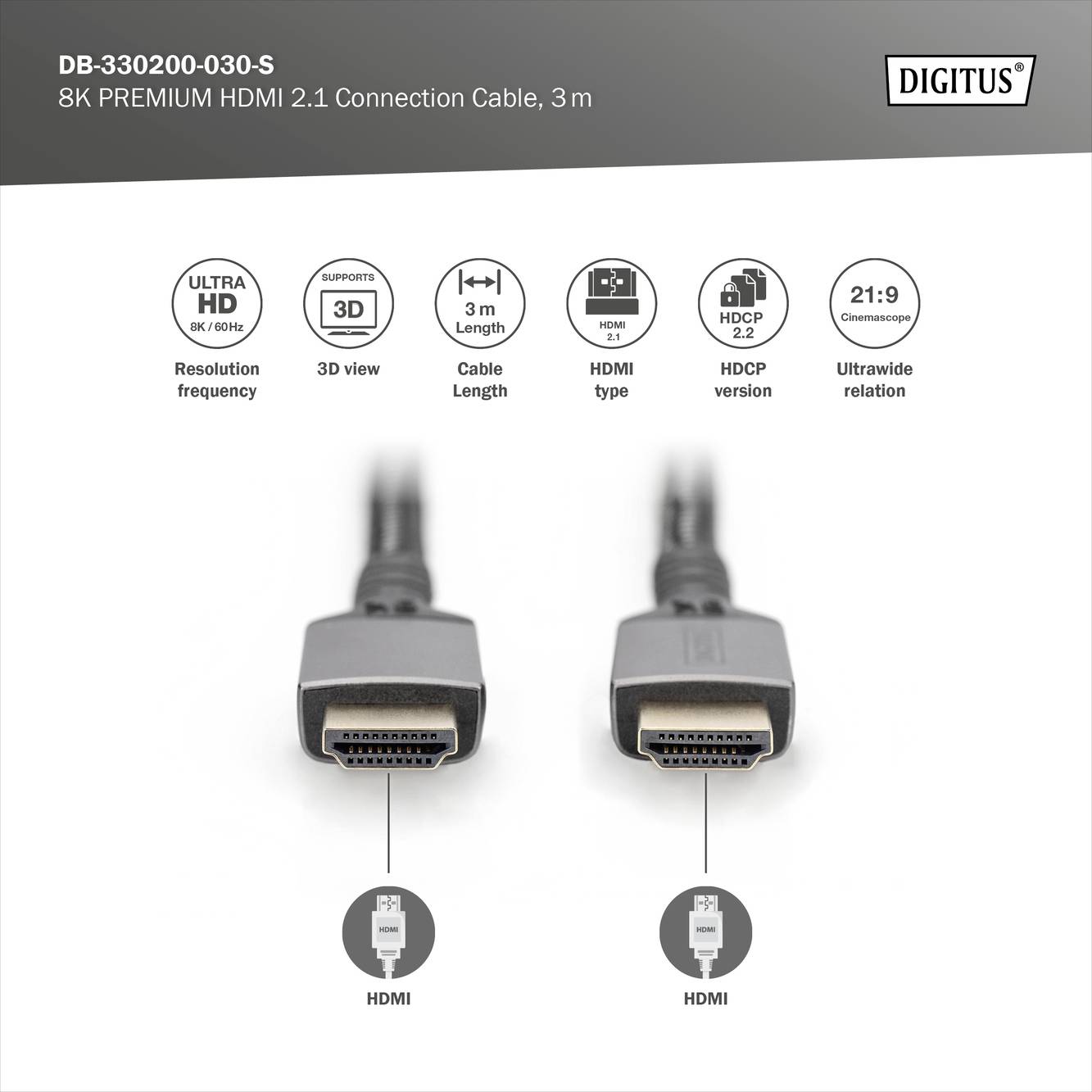 'HDMI kabel s rozlišením 8K, podporou 3D, délkou 3m, typ HDMI, podporou HDCP a ultraširokým poměrem 21:9.'