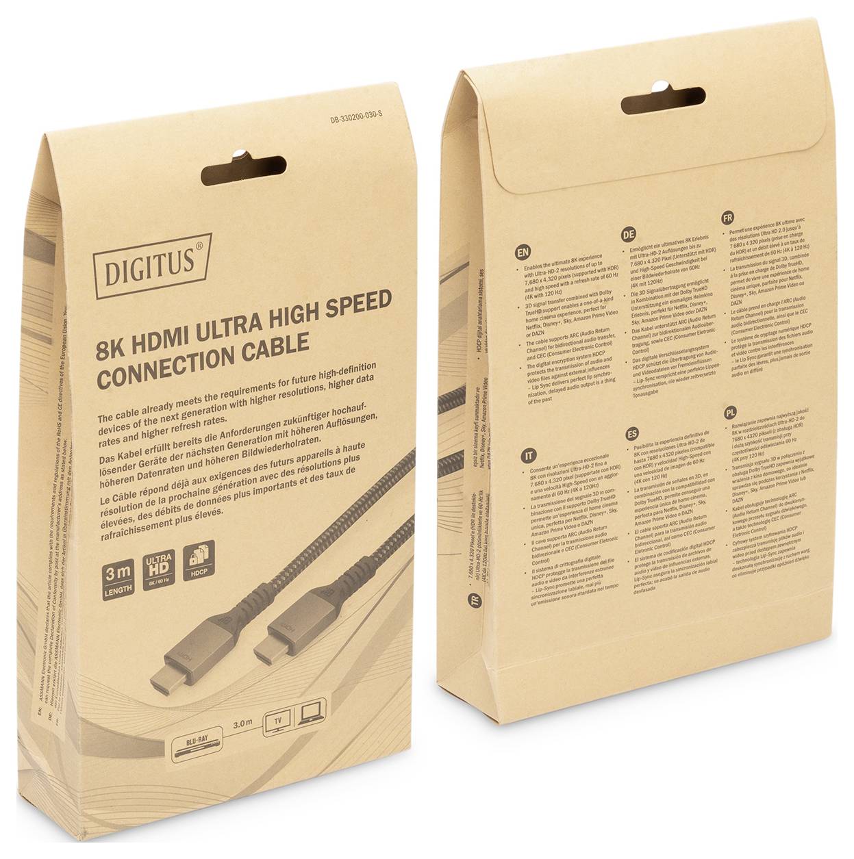 Dvě hnědé kartonové obaly kabelu '8K HDMI Ultra High Speed Connection Cable' od značky Digitus. Přední strana zobrazuje informace o produktu.