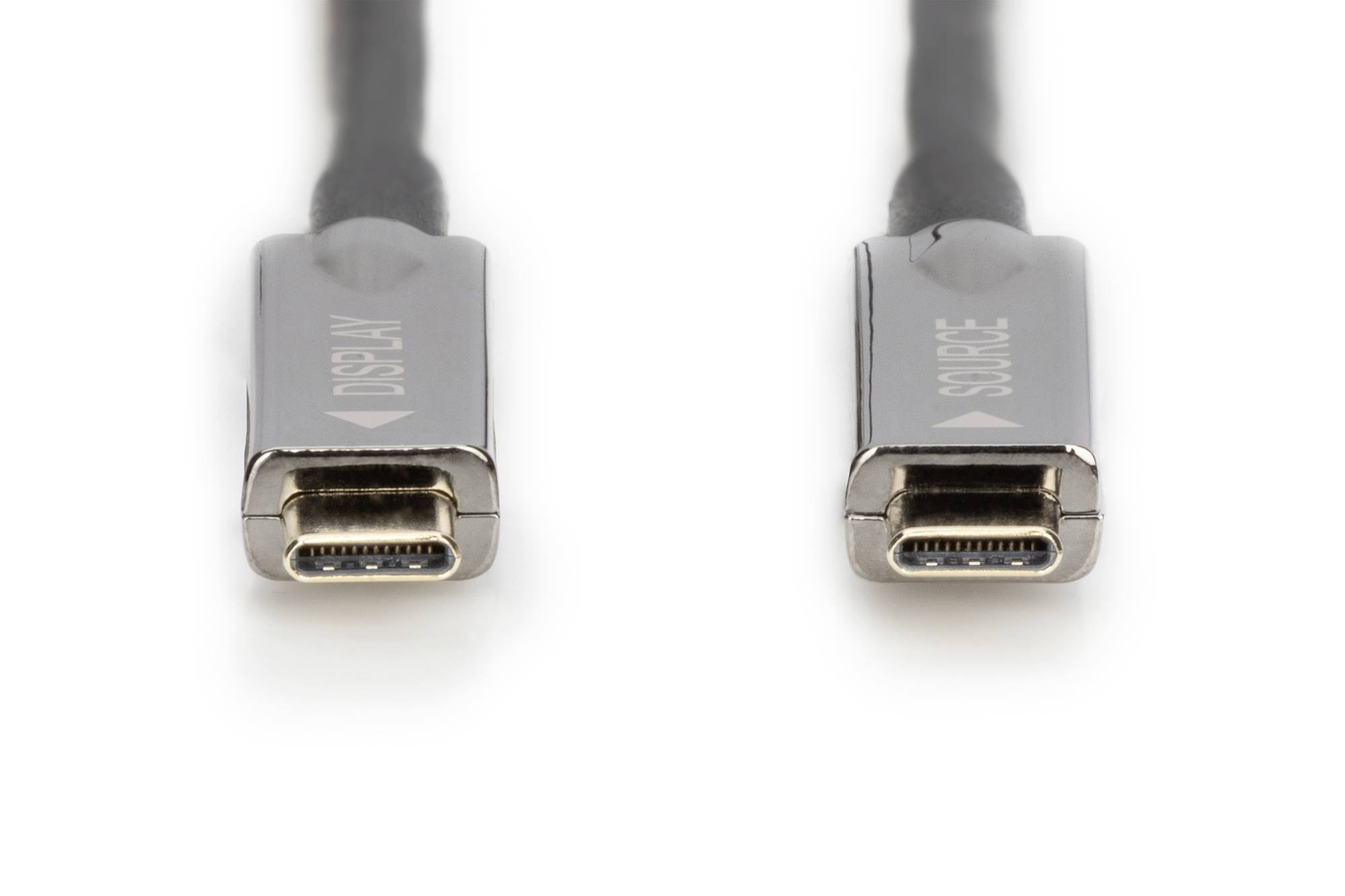 Dva USB-C konektory vedle sebe, jeden s nápisem 'DISPLAY', druhý označený jako 'SOURCE'.