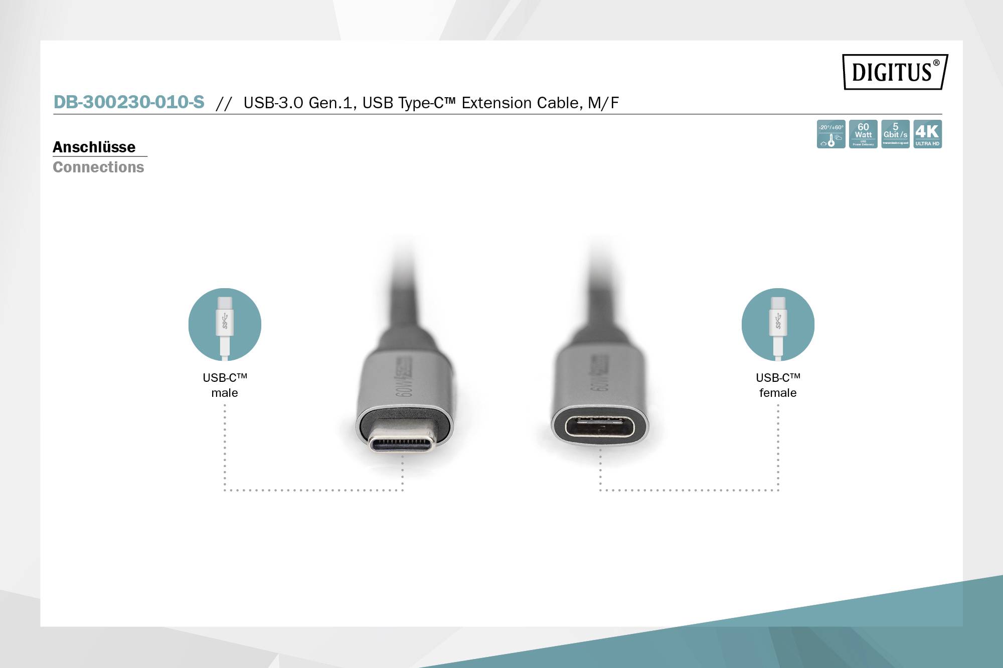 USB-3.0 Gen.1, prodlužovací kabel USB Type-C™, M/F, je zobrazen vedle obrázků konektorů kabelu s informacemi o výkonu, teplotě a rozlišení.