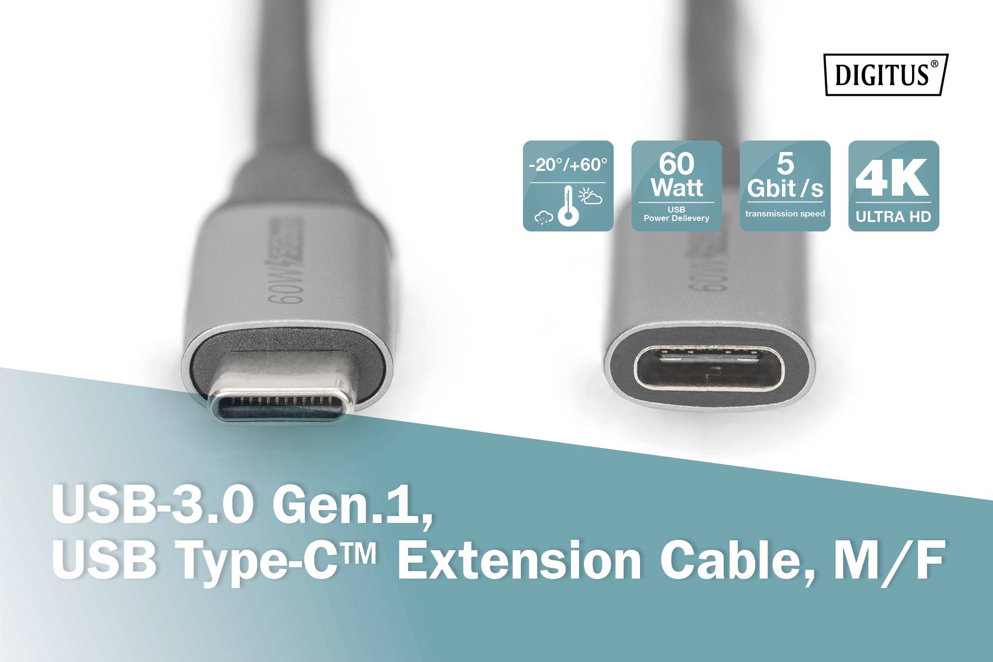 'USB 3.0 Gen.1, prodlužovací kabel USB Type-C™, M/F' zobrazuje kabelové připojení mezi notebookem a kabelem USB-C. Nahoře vpravo logo a ikony.