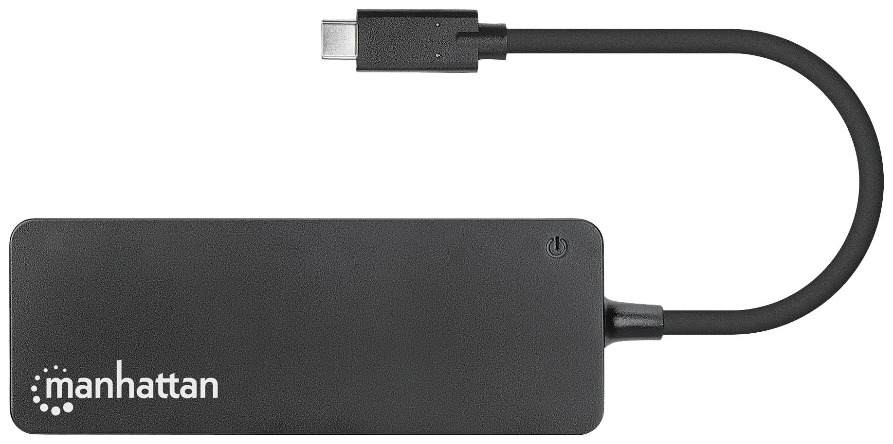 Černý USB-C hub od společnosti Manhattan s několika porty, obdélníkového tvaru, s krátkým kabelem na levé straně.