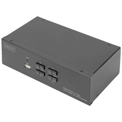 KVM přepínač se 4 porty, USB připojením a tlačítky pro ovládání připojených zařízení. Zařízení je od značky Digitus.