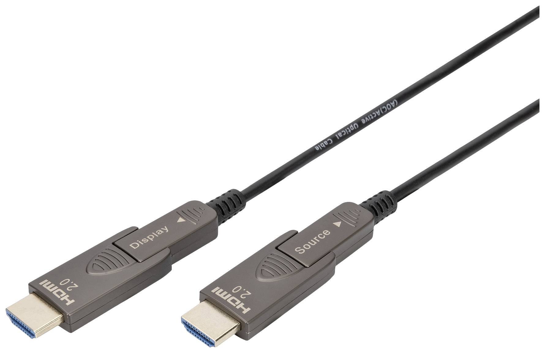 Dva HDMI 2.0 kabely, jeden s nápisem „Display", druhý „Source", propojené pro přenos audio a video dat.