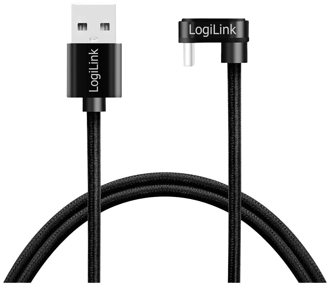 USB kabel od LogiLink s přímou a zahnutou koncovkou, vhodný pro efektivní nabíjení a přenos dat.