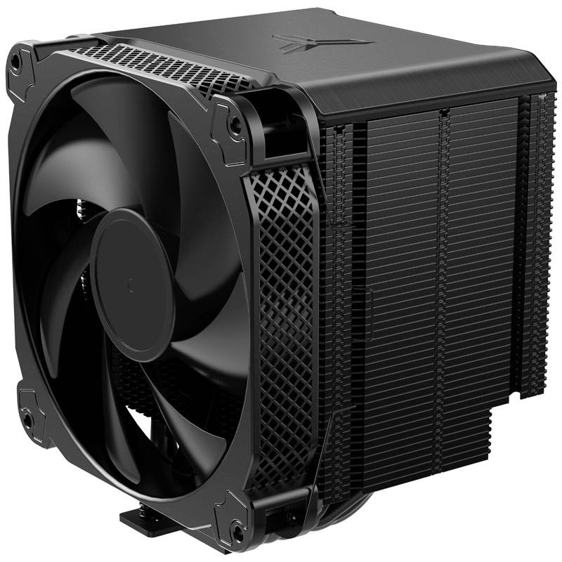 Černý CPU chladič se vzduchovým chlazením, vybavený velkým ventilátorem a chladicími žebry, navržený pro počítačové skříně za účelem snížení teploty.