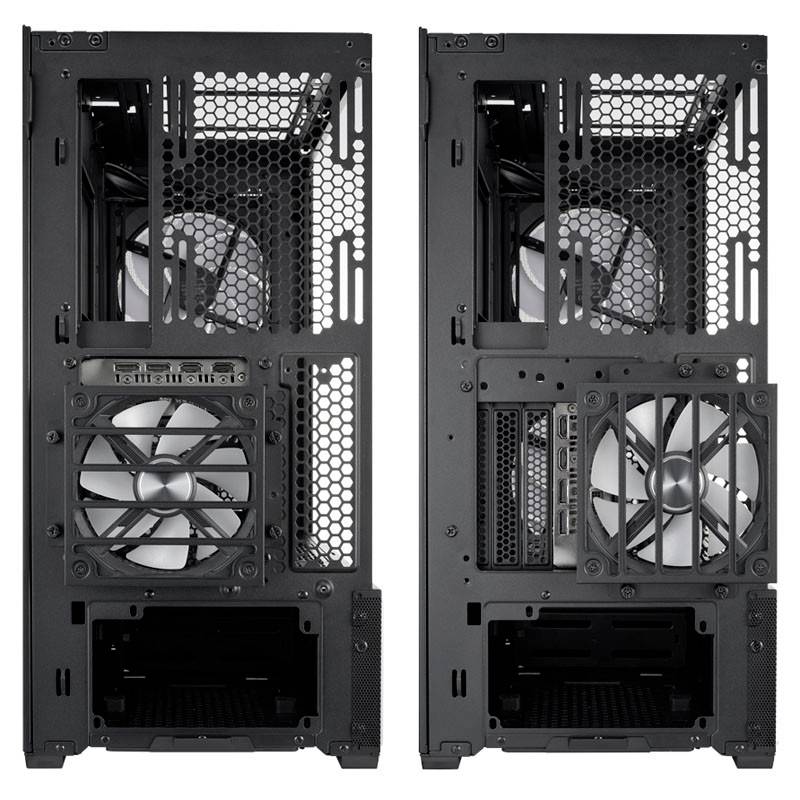 Dva počítačové kryty pohledem zezadu, s otevřenými kryty a viditelnými ventilátory. Ukazuje uspořádání větrání a místa připojení.