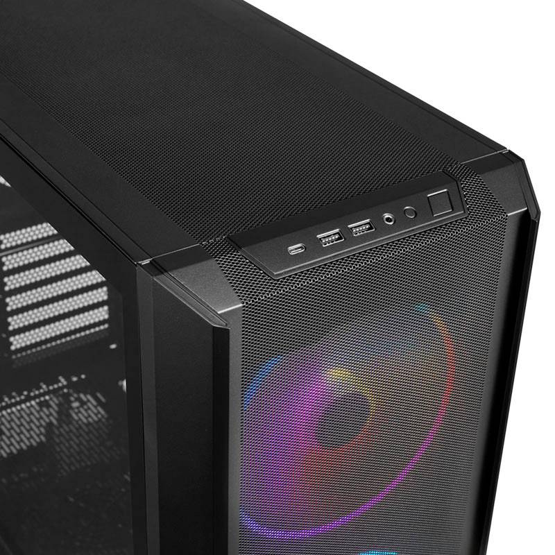 Černá počítačová skříň s průhlednou boční stěnou a podsvíceným ventilátorem. Nahoře jsou USB porty a tlačítko napájení.