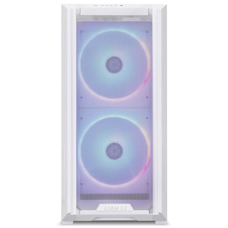 Bílý přední panel počítačové skříně od společnosti Lian Li zobrazuje dva velké osvětlené ventilátory s barevnými RGB světelnými efekty.