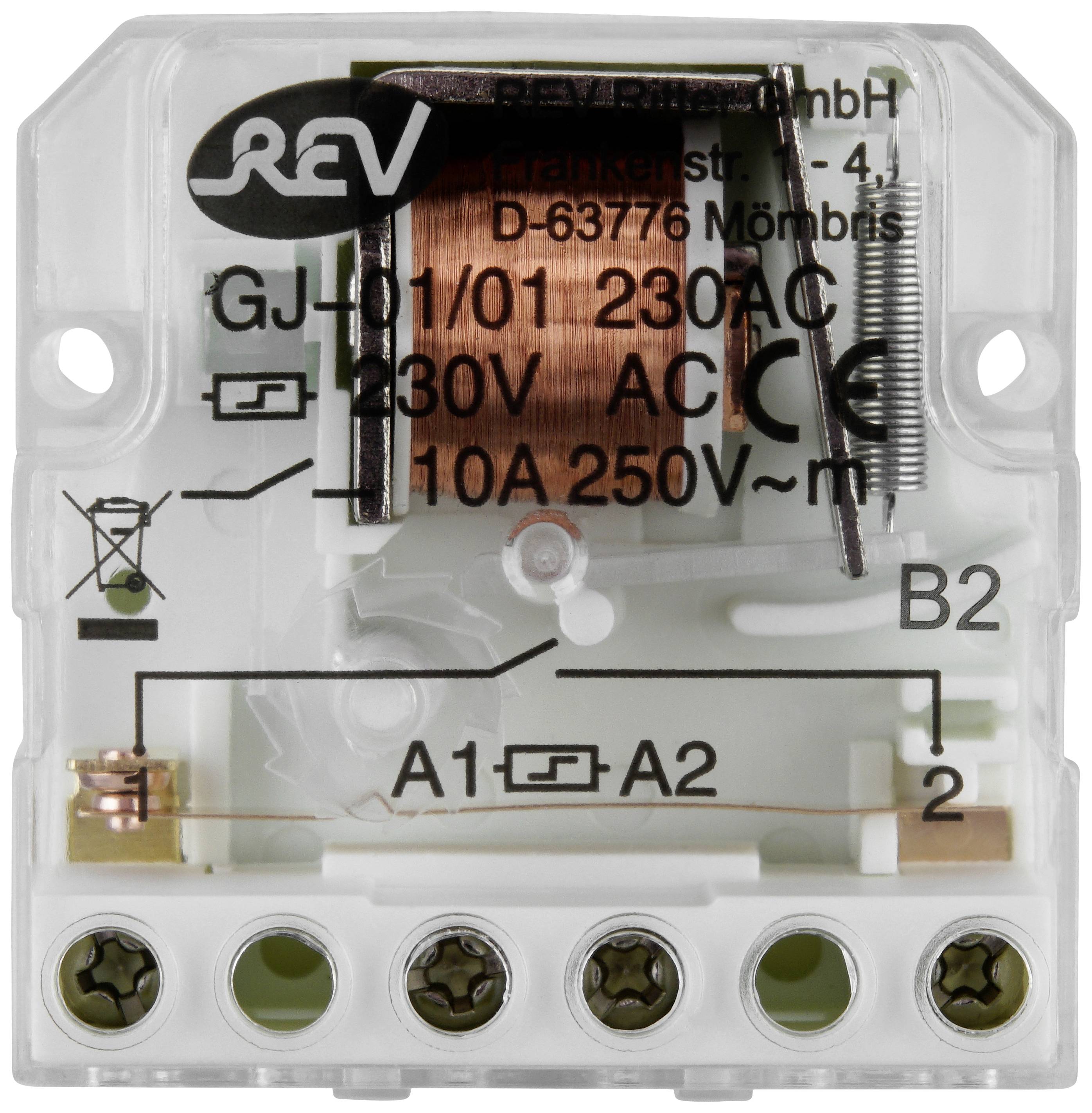 Elektrické relé s nápisem '10A 250V~' a '230V AC'. Viditelná cívka a připojovací svorky nahoře a dole.