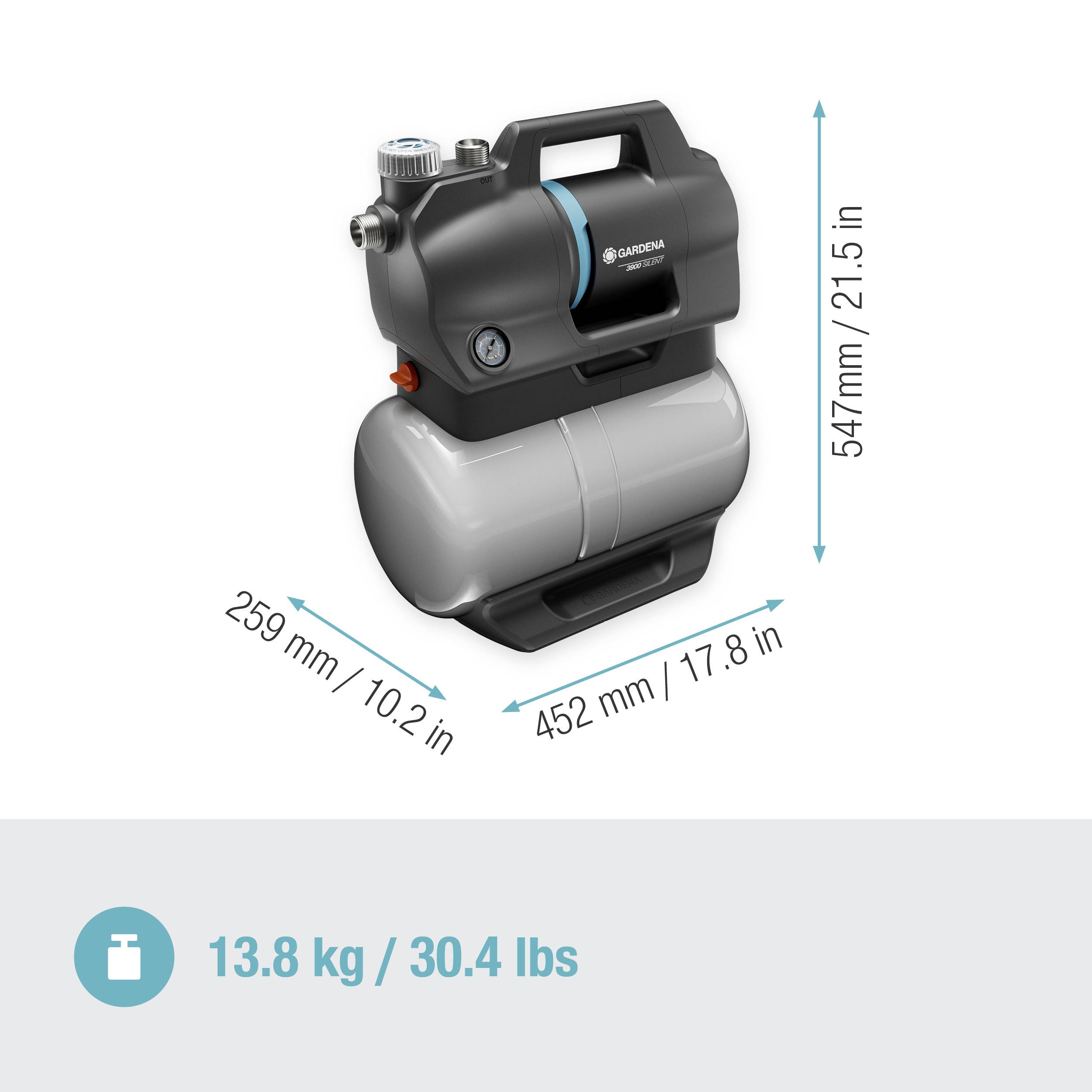 Černé a šedé čerpadlo s rozměry: 547 mm výška, 452 mm délka, 259 mm šířka. Hmotnost: 13,8 kg (30,4 liber).