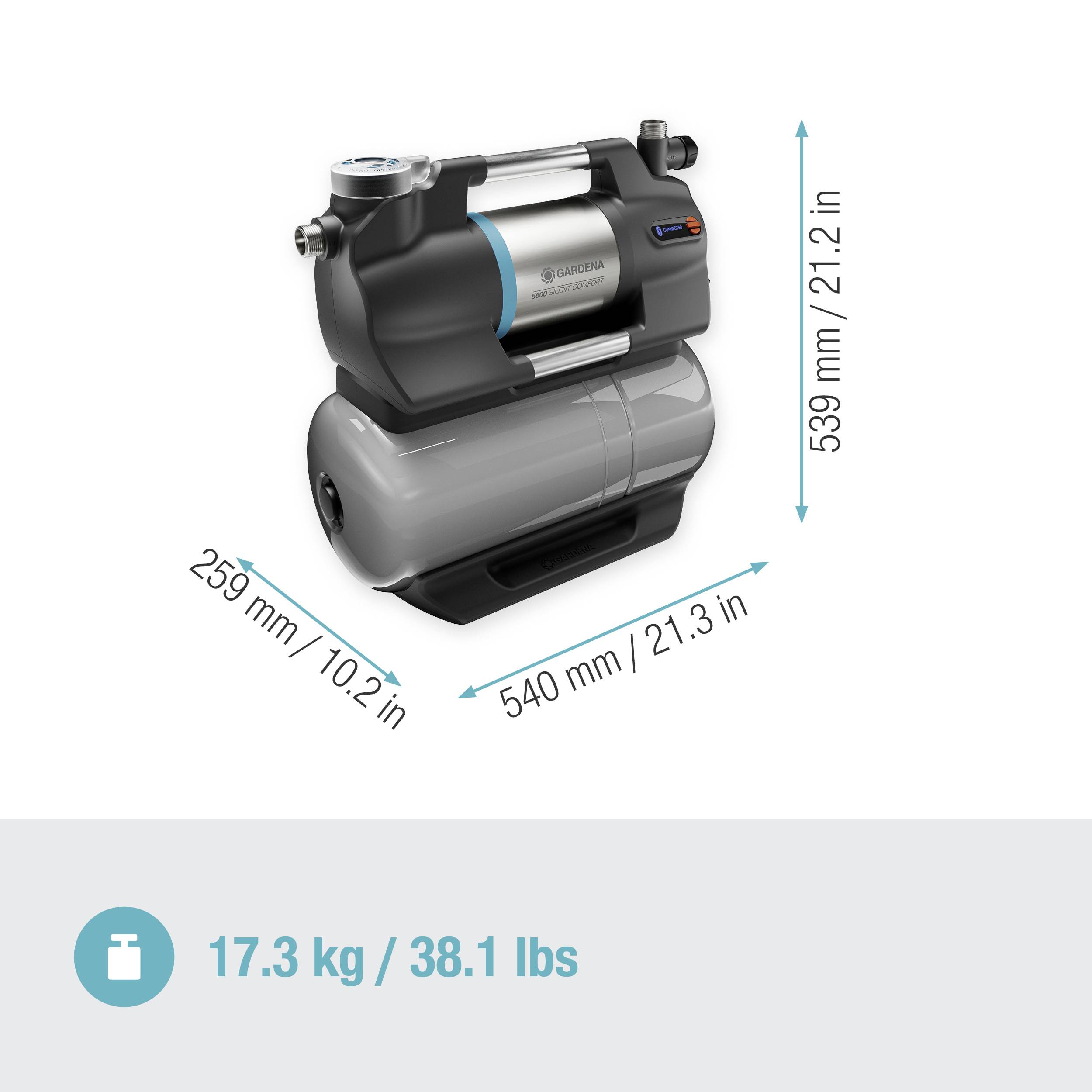 Vodní čerpadlo Gardena o hmotnosti 17,3 kg (38,1 lbs) s rozměry 259 mm x 540 mm x 539 mm je zde vyobrazeno.