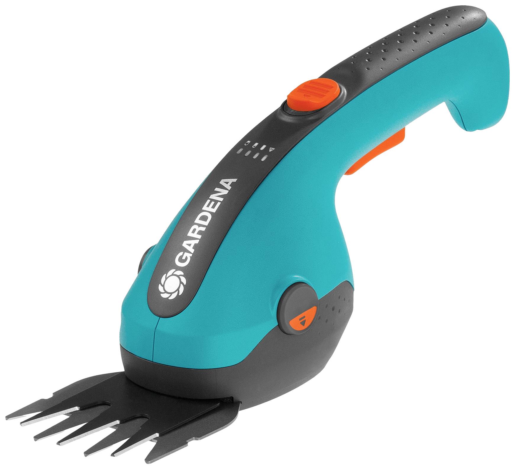 Elektrické nůžky na trávu od Gardeny v modré a černé barvě s oranžovým tlačítkem, ideální pro zastřihávání travnatých okrajů.